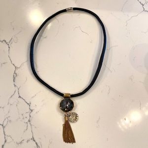 Black Leather cord necklace with jewel and chain.  Find joy pendant.